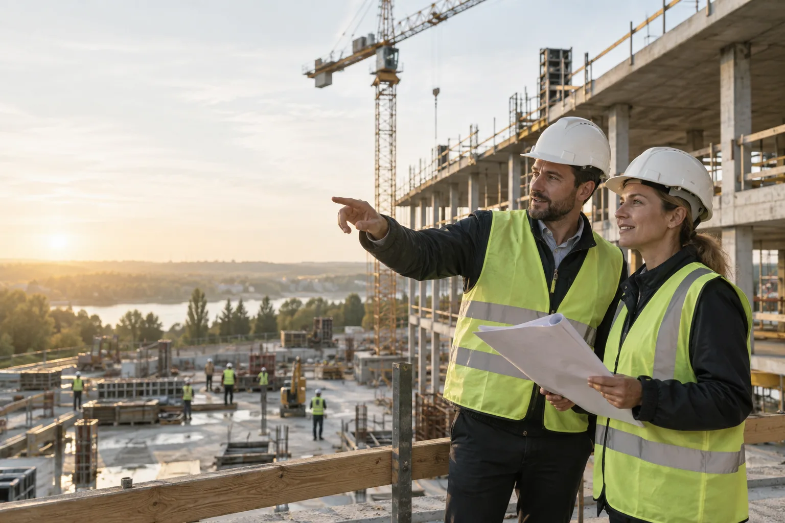Construction workplace and business team