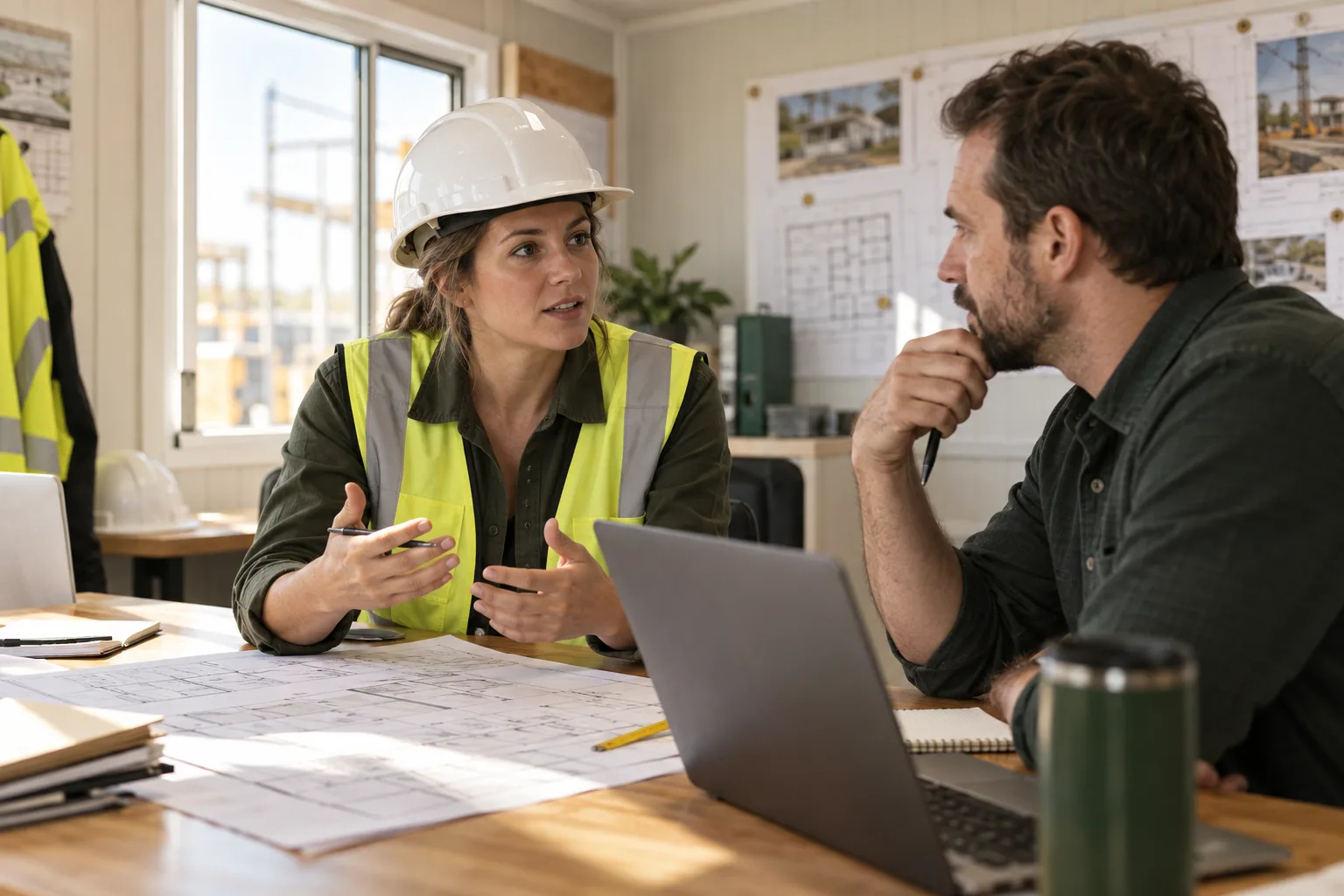 People discussing business responsibilities in construction