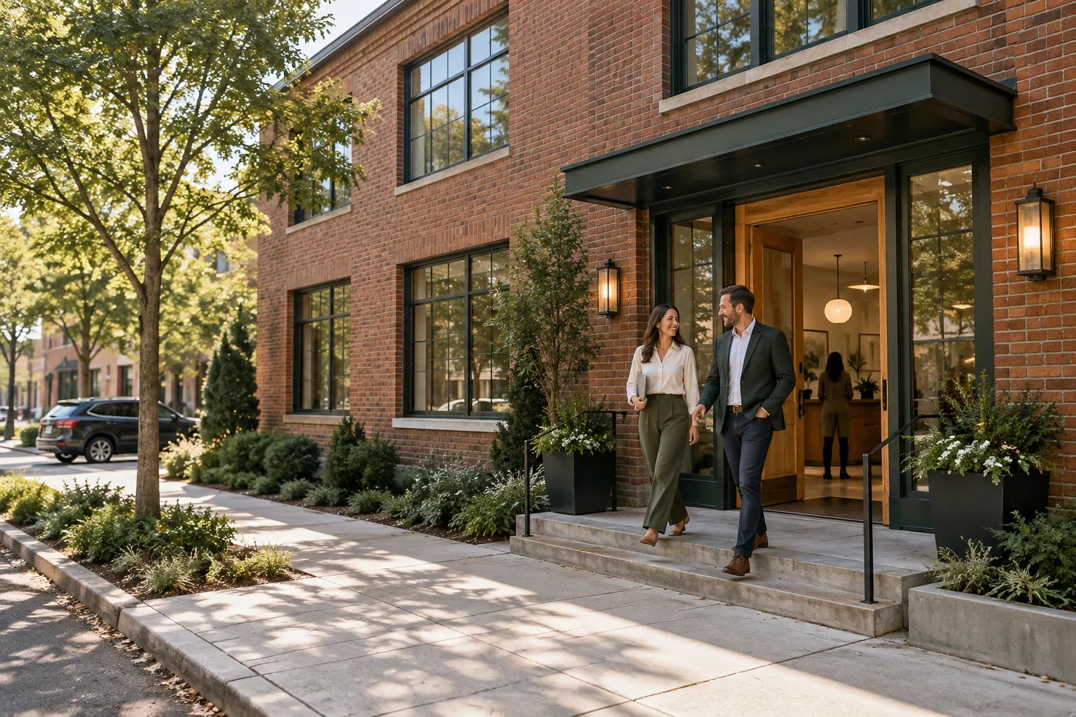 The street entrance of a neighborhood company headquarters