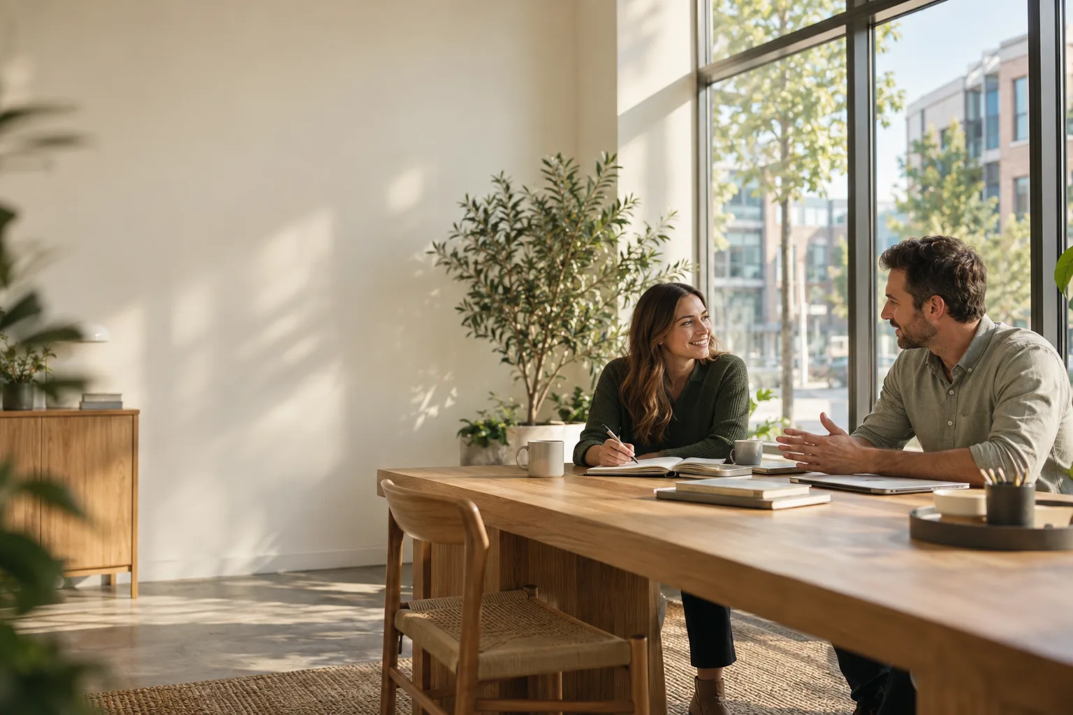 Two business professionals talking in a sunlit office