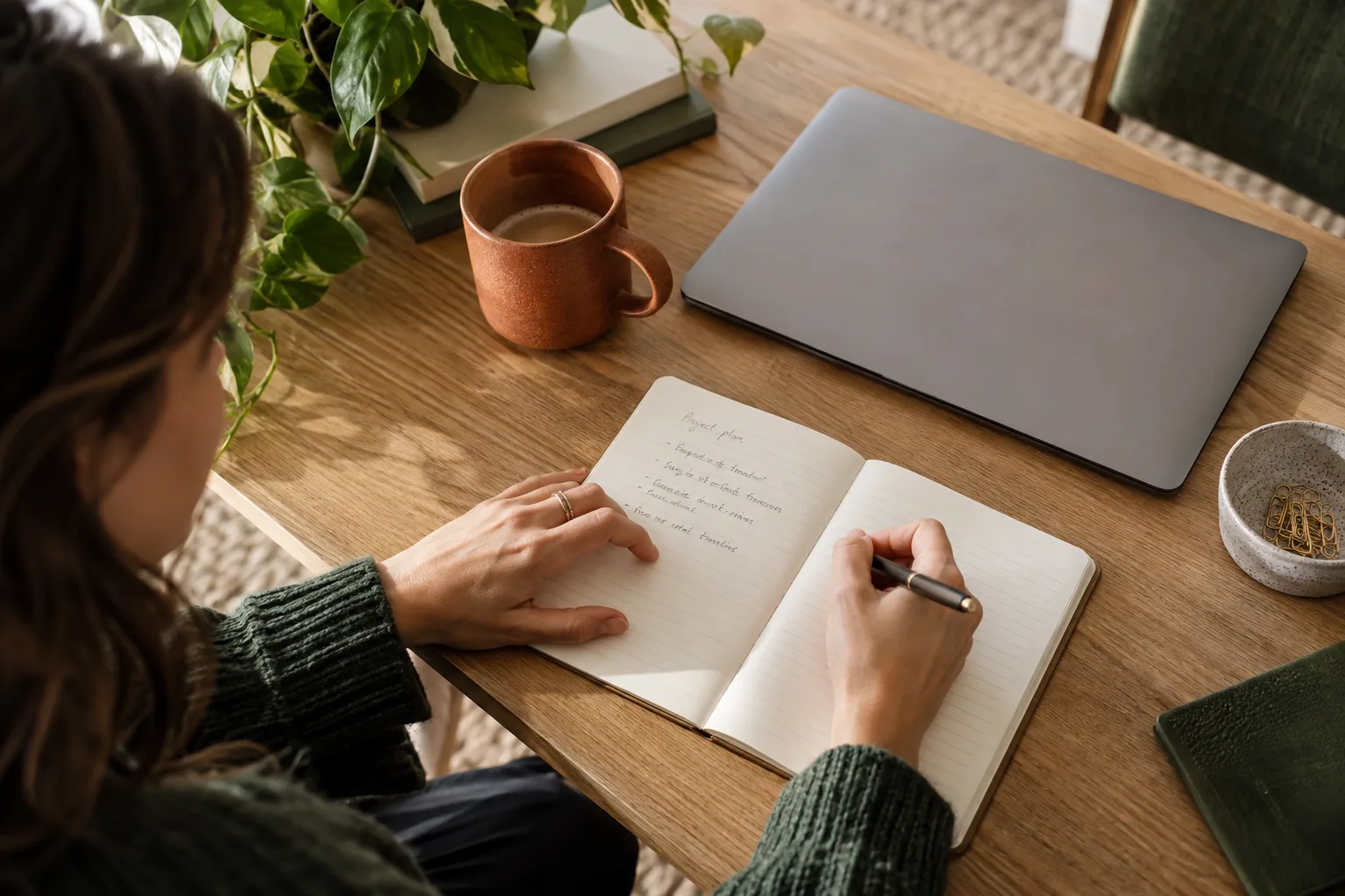 A short business research brief being written in a notebook