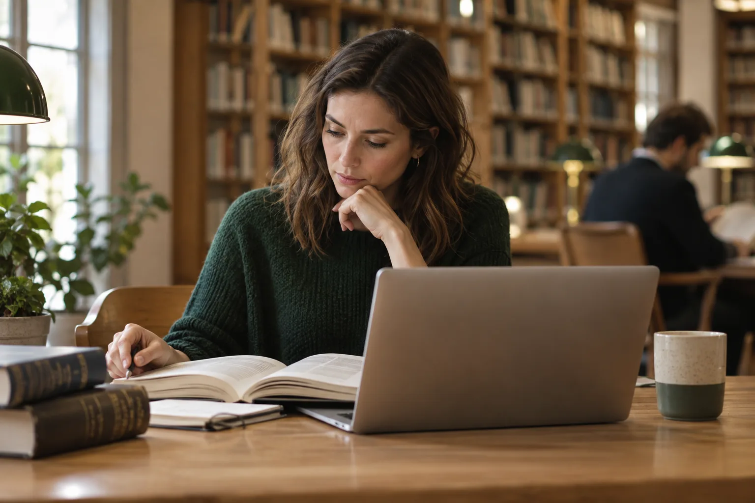 A researcher checking references in a quiet workspace