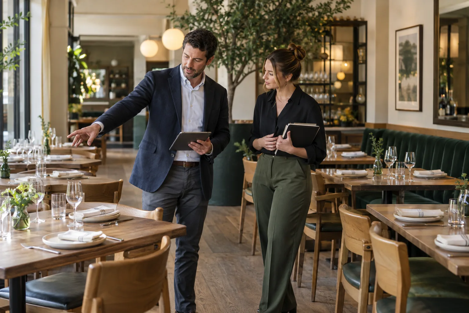 People discussing business responsibilities in hospitality