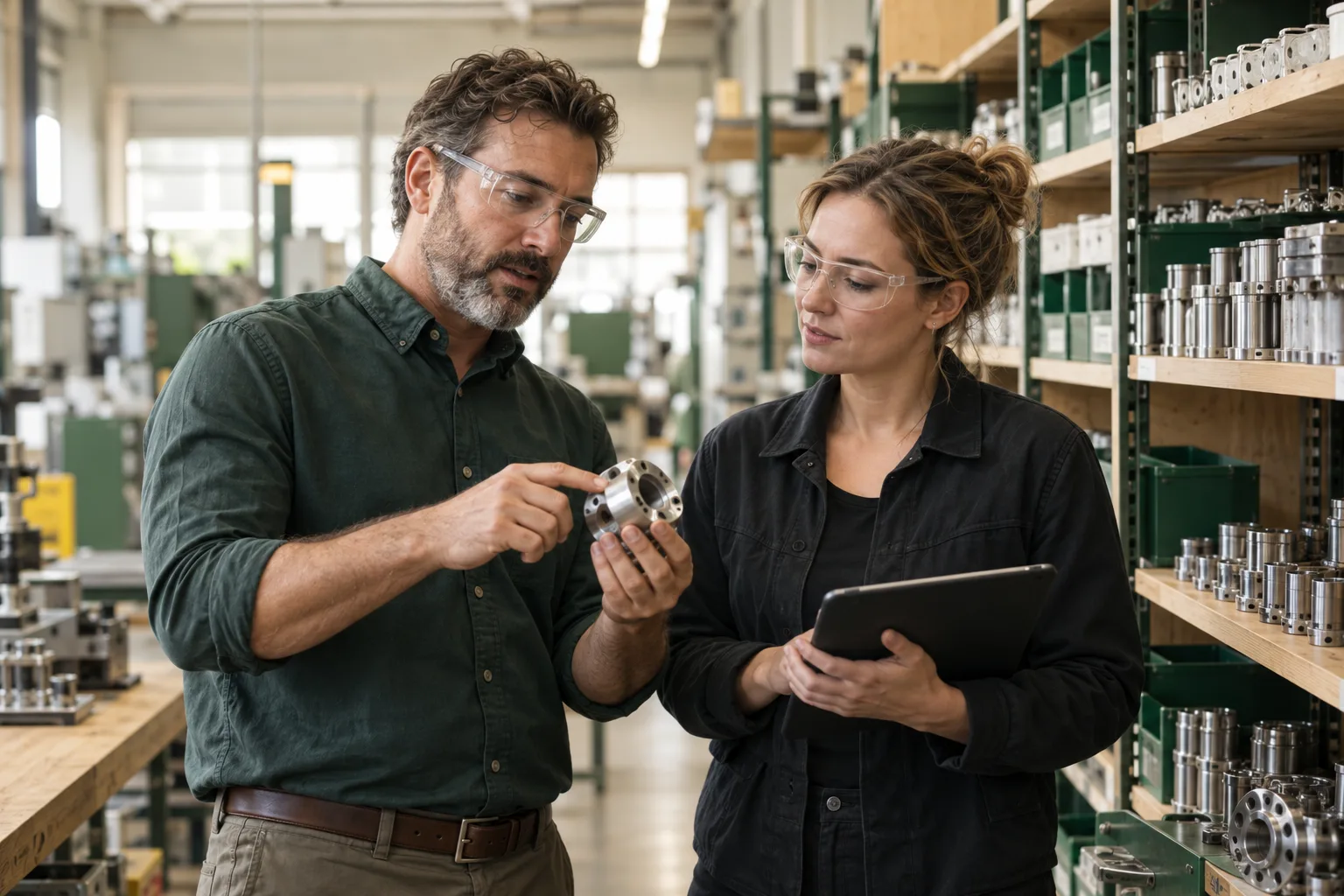 People discussing business responsibilities in manufacturing